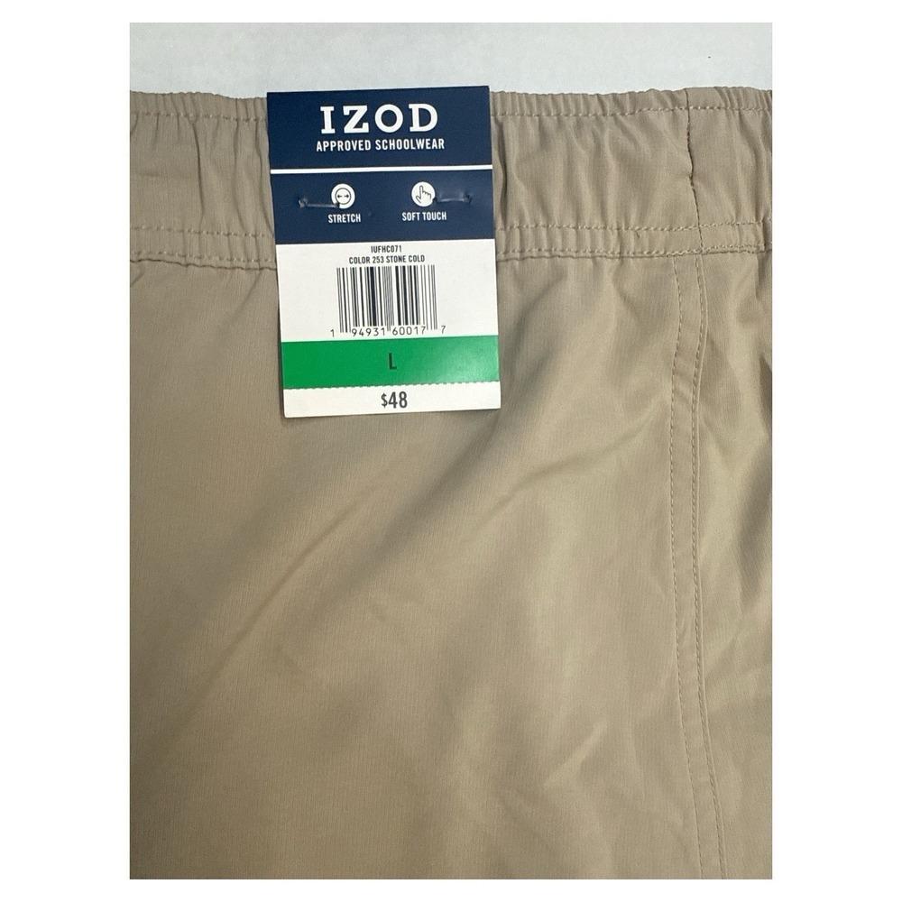 IZOD Flat Front Pant NWT  Stone Cold‎ Polyester & Spandex Adjustable Waist Lrge